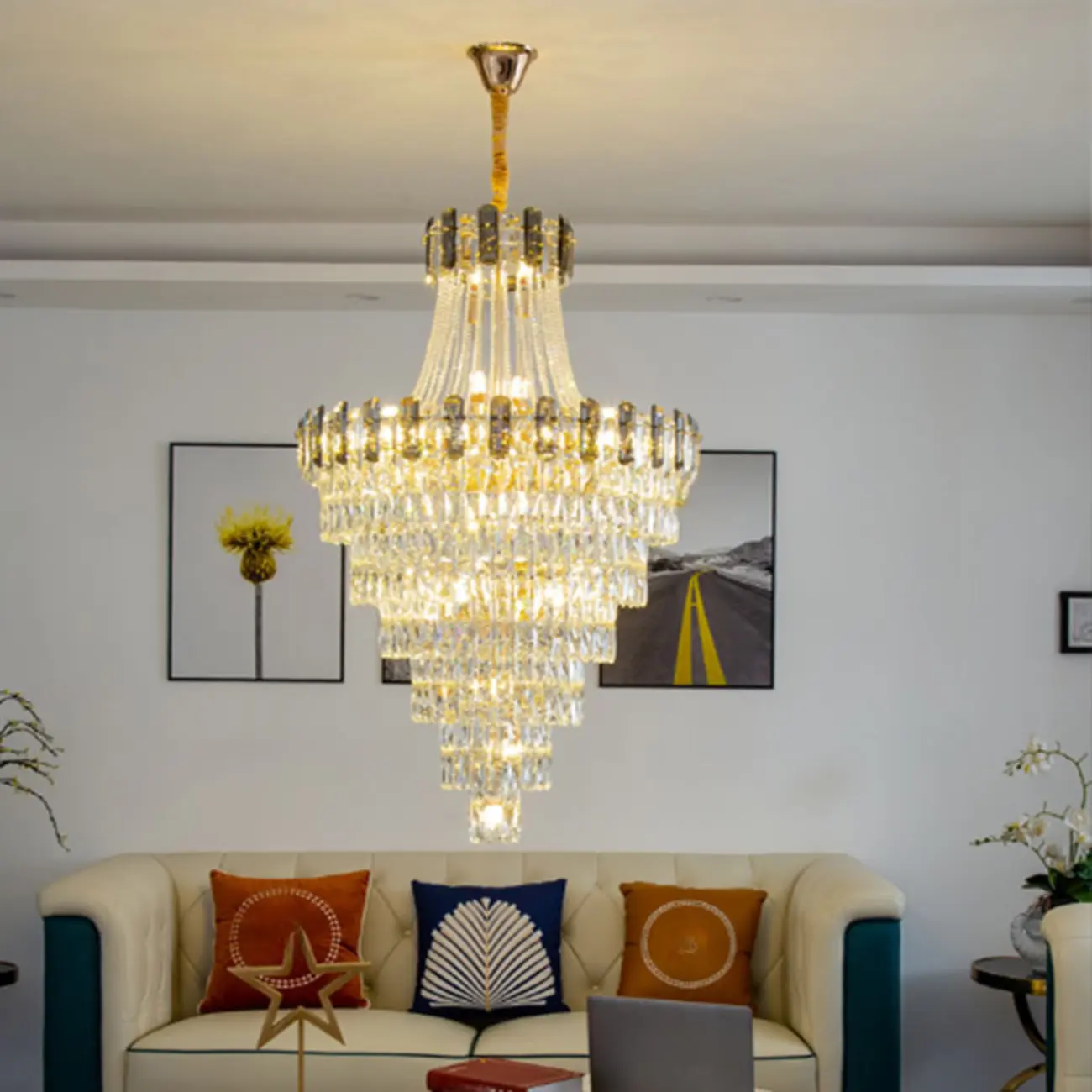 Luxury Long Cascading Crystal Gold Chandelier