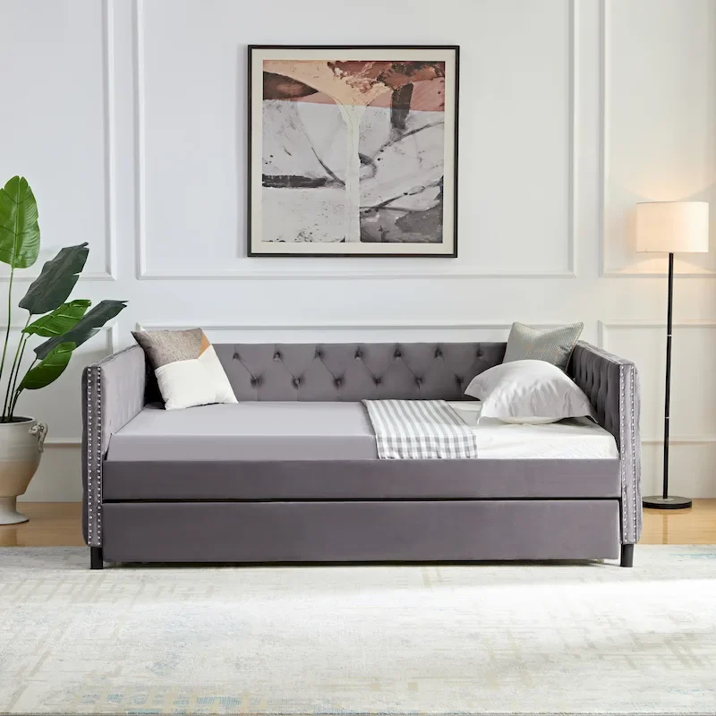 Grey/Beige Velvet Daybed Sofa Bed with Wheels, Button Tufting & Copper Nails, Single