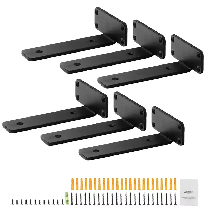 VEVOR Shelf Bracket, 6L x 4W x 1.6H 6 Pcs, Heavy Duty Floating Shelf Brackets, Brackets for Shelves, 5mm Thick Matte Black L Shelf Bracket,Black