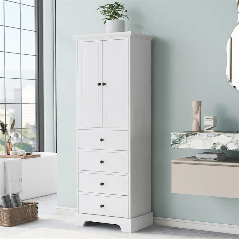 Storage Cabinet with 2 Doors and 4 Drawers, Adjustable Shelf
