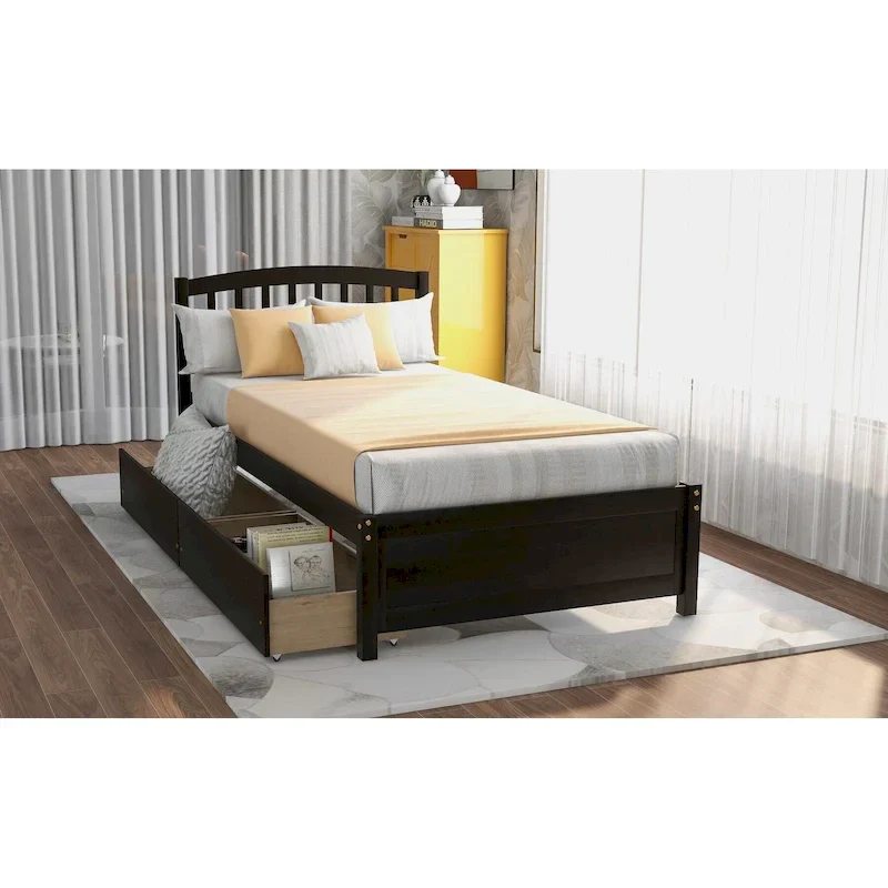 Espresso/White/Grey/Walnut Twin Wood Platform Bed with Drawers and Headboard