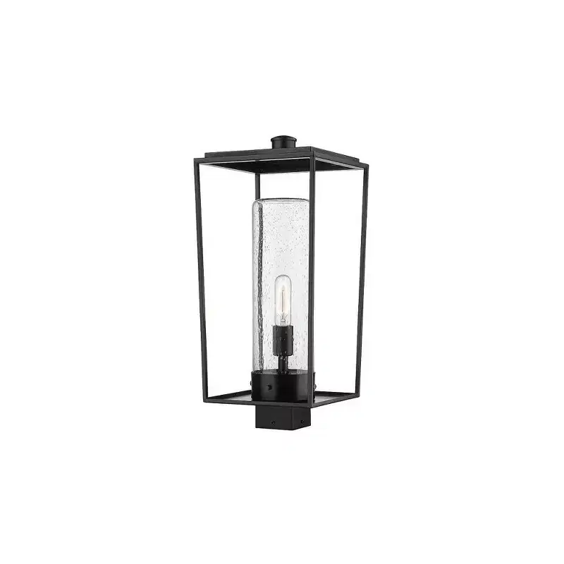 Sheridan 1-Light Outdoor Post Mount Fixture - Black Steel Lantern with Seedy Glass Shade
