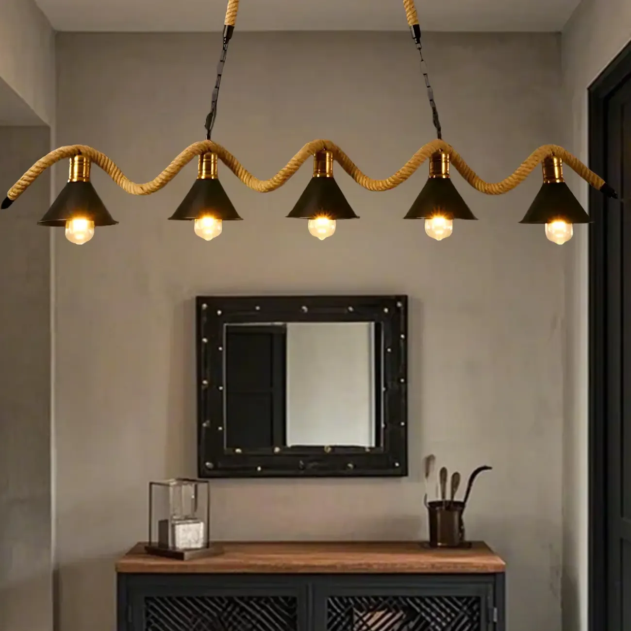 Industrial Metal Hemp Rope Pendant Light