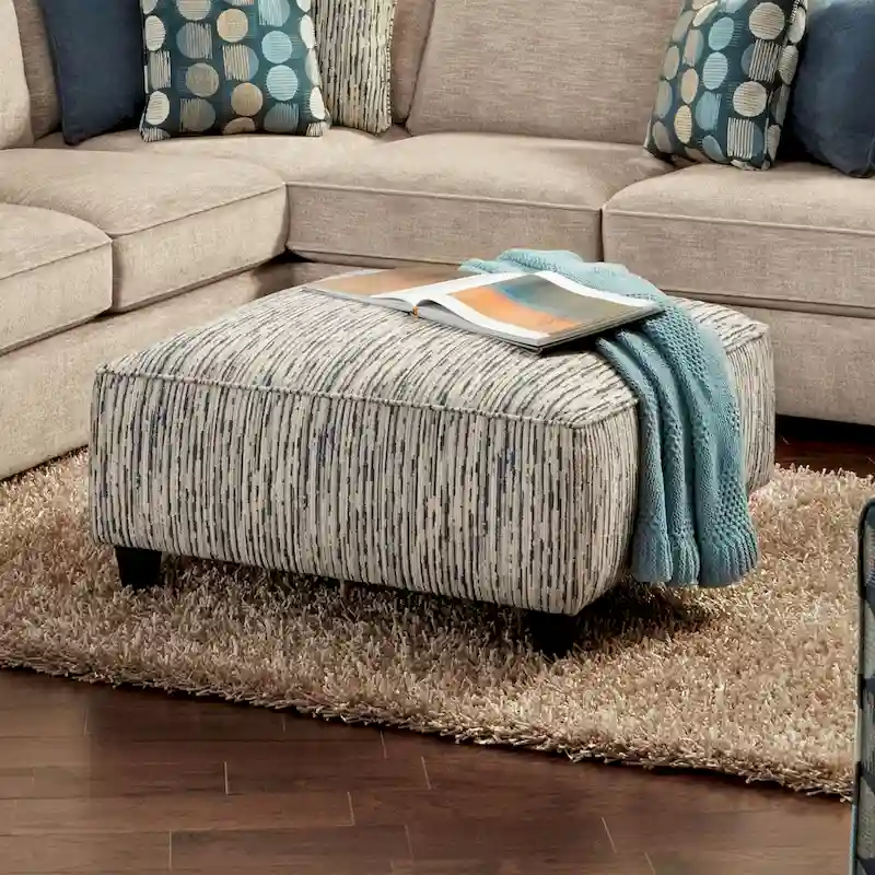 Stripe Multi Square Chenille Ottoman with Wood Block Legs, Single