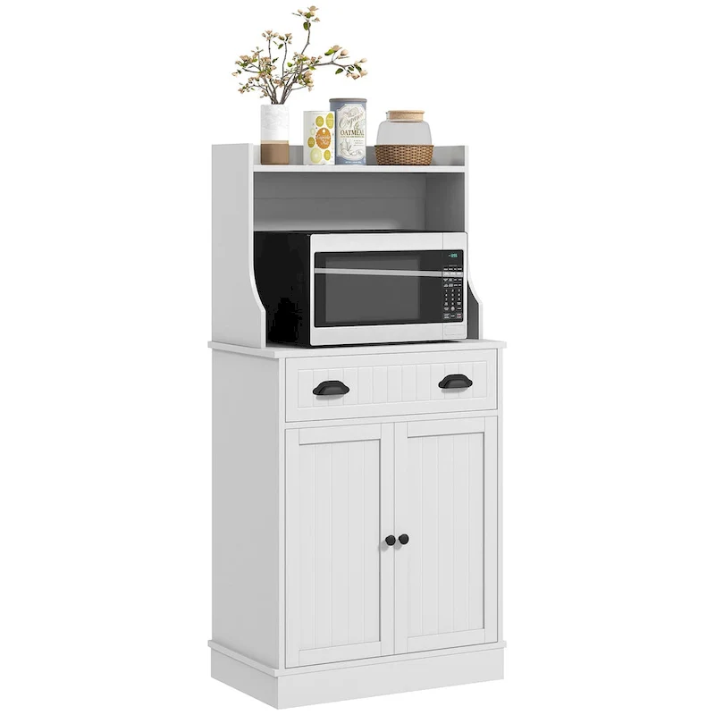 Microwave Cabinet with Storage Drawer - Multi-Tier Kitchen Stand (White)