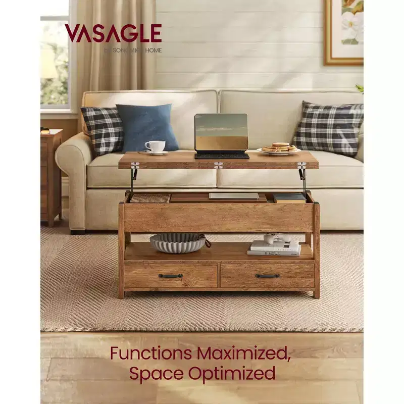 VASAGLE Lift Top Coffee Table, Center Table with Storage, Gas Spring, 2 Drawers and 3 Hidden Compartments, Open Shelf, Home Office
