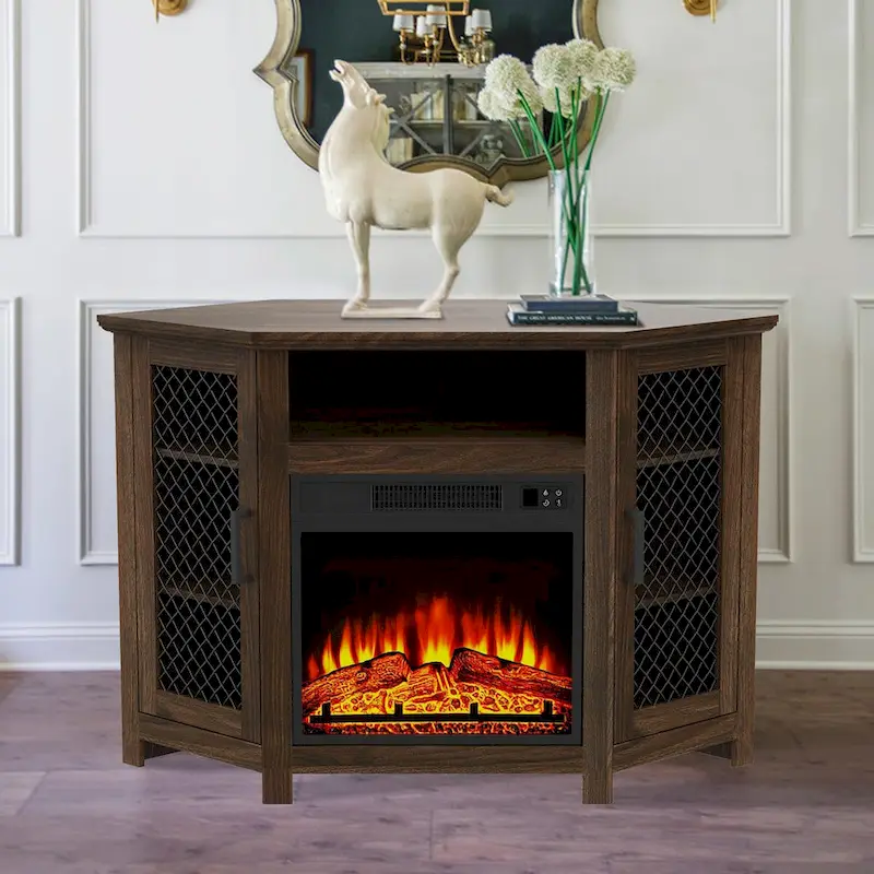 45  Industrial Corner Electric Fireplace TV Stands with 2 Metal Mesh Doors and Remote