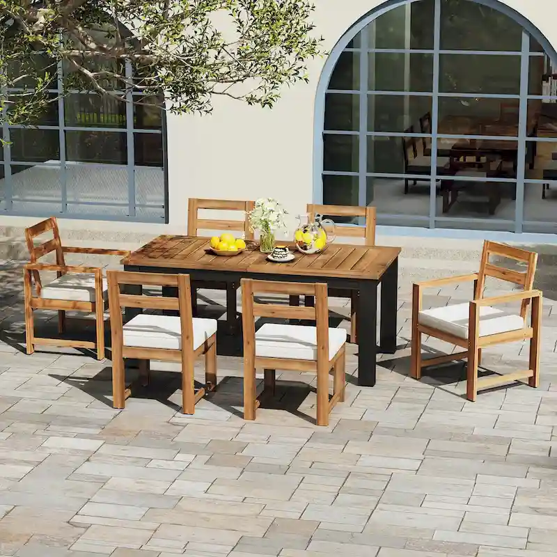 7 Piece Patio Table and Chairs Set, Wood Dining Table Set for 6 with Umbrella Hole, 2 Armchairs & 4 Side Chairs