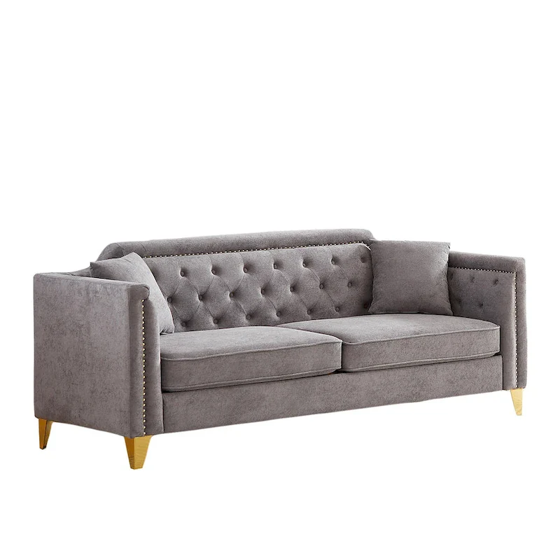 Grey 61.5  Chenille 3-Seater Tufted Sofa with Copper Nail Arms, 2 Pillows