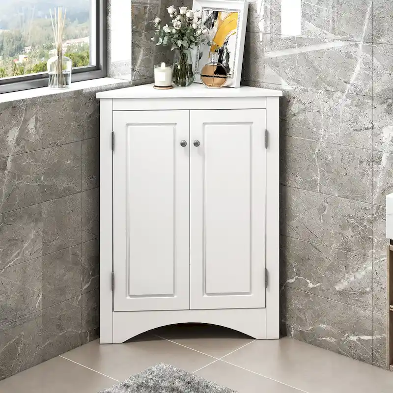 White Triangle Bathroom Storage Cabinet with Adjustable Shelves - 17.2 W x 17.2 D x 31.5 H