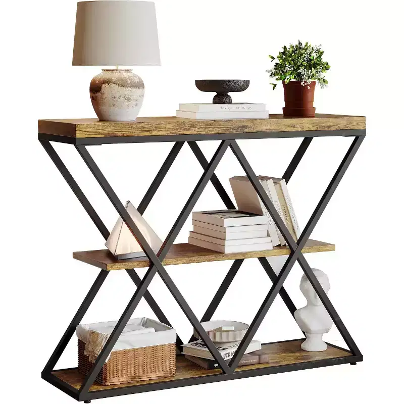 3-Tier Industrial Console Table with X-Frame & Open Shelves Rustic Brown Entryway Accent Table for Foyer