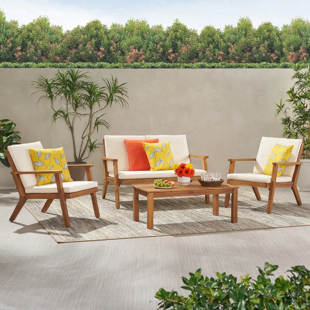 Walker Edison | Outdoor Acacia Wood 4-Seater Chat Set with Coffee Table