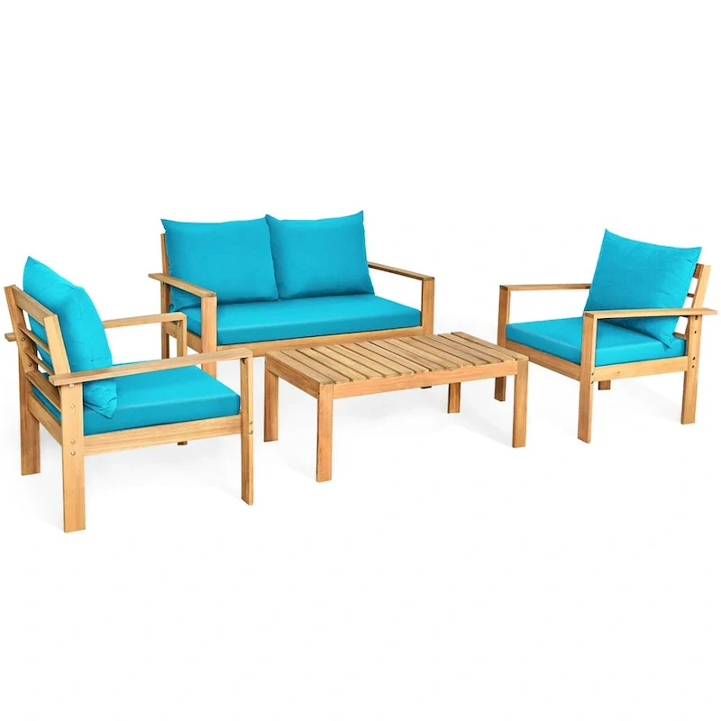 Gymax 4PCS Patio Acacia Wood Conversation Furniture Set w/ Turquoise - See Details