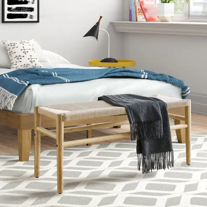 Mieres Boho Style Solid Wood Bench with Woven Rope Seat, Mid-Century Modern Indoor Ottoman with Rubber Wood Legs for Home Office
