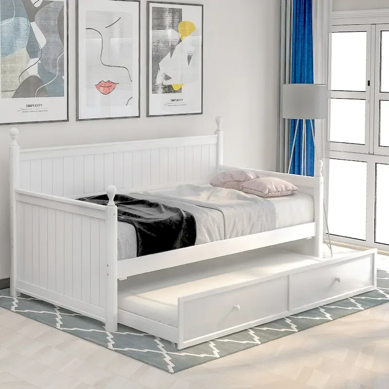 White Pine Wood Twin Daybed with Trundle, Slatted Panels and Turned Finials – 1-Person