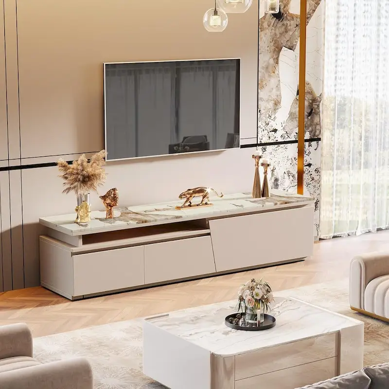 70.9  W - 105  W Extendable TV Stand, Extra Long Modern Entertainment Center with 3 Drawers
