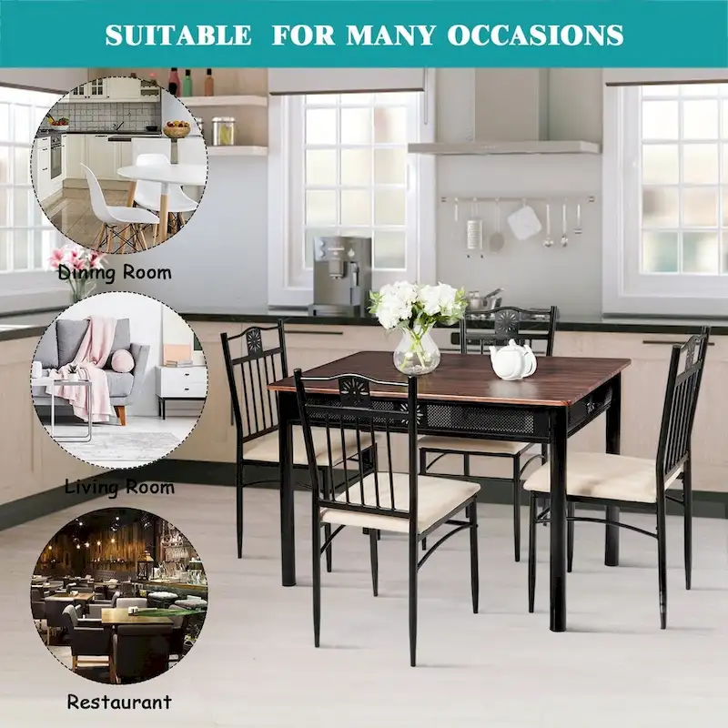 5 Piece Dining Set Wood Metal Table and Chairs Kitchen Furniture