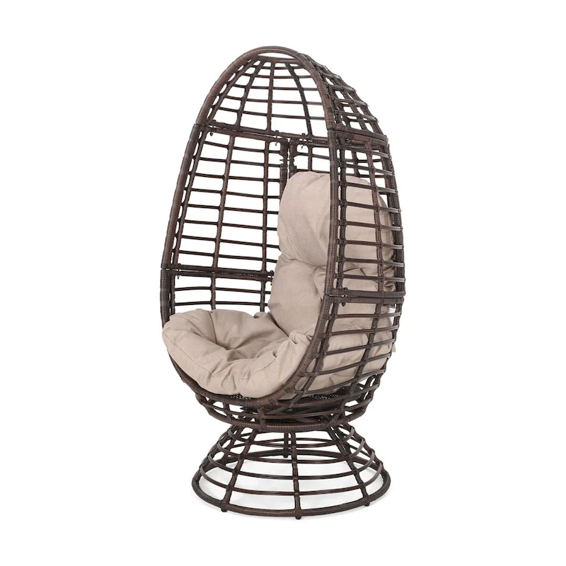 Oaks Aura Abstract Mesh Design Wicker Chair, Handcrafted Woven Rattan Swivel Egg Shape Chair, Basket Shape Chair With Cushion