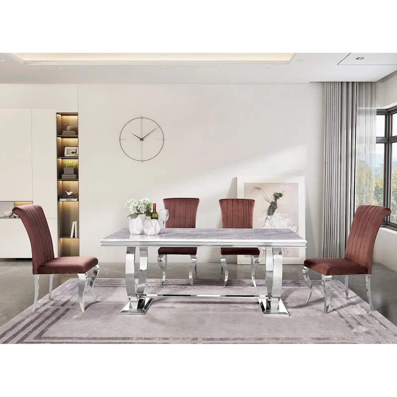 Modern Dining Room Table with Stainless Steel Metal U-Base