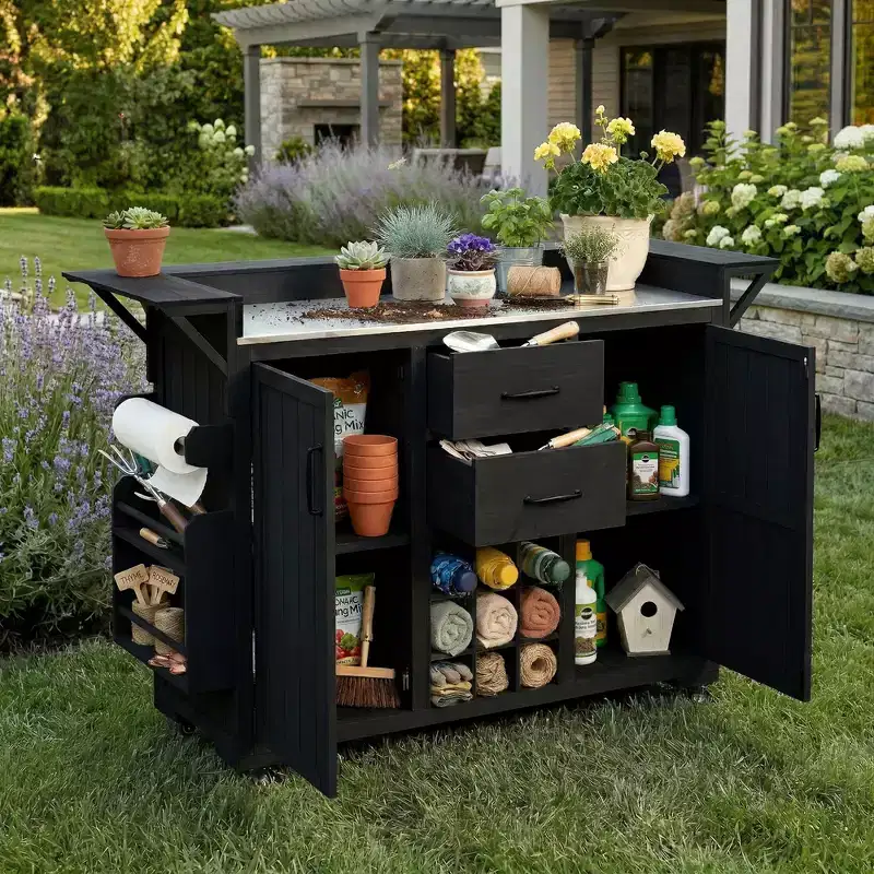 Whisen Outdoor Wood Grill Cart & Kitchen Rolling Island Carts, Patio BBQ Kitchen Serving Carts with 2 Drawers, Steel Top, Spice Rack
