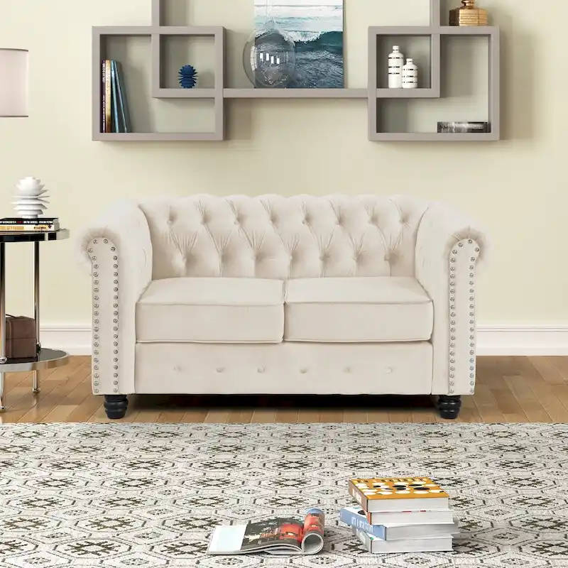 Velvet Chesterfield Loveseat with Button Tufting, Scrolled Arms & Turned Legs – Beige / Light Blue / Light Grey, Classic Style, 2-Person