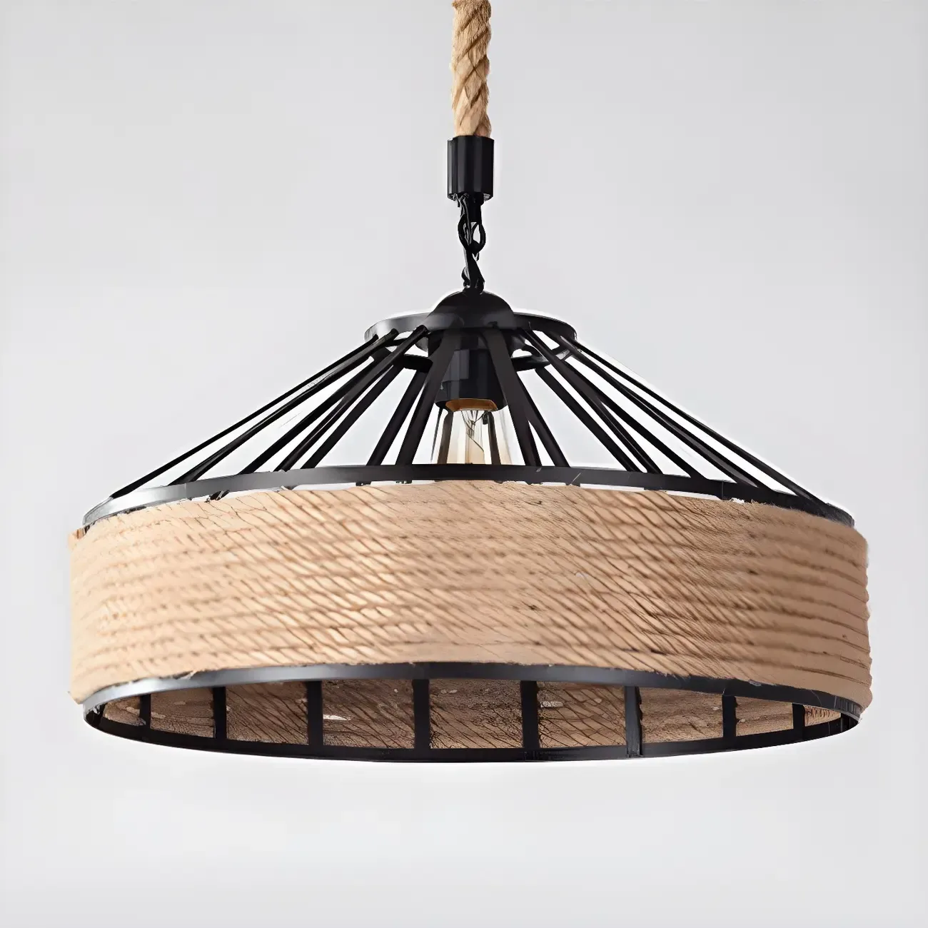 Industrial Rattan Black Metal Hemp Rope Pendant Light