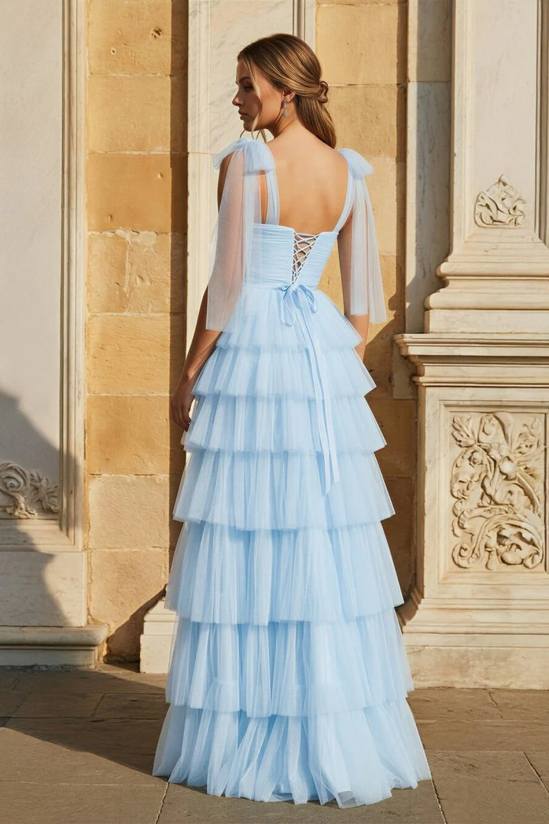 Light Blue Pleated Ruffle Prom Dress with Bow Tie Straps