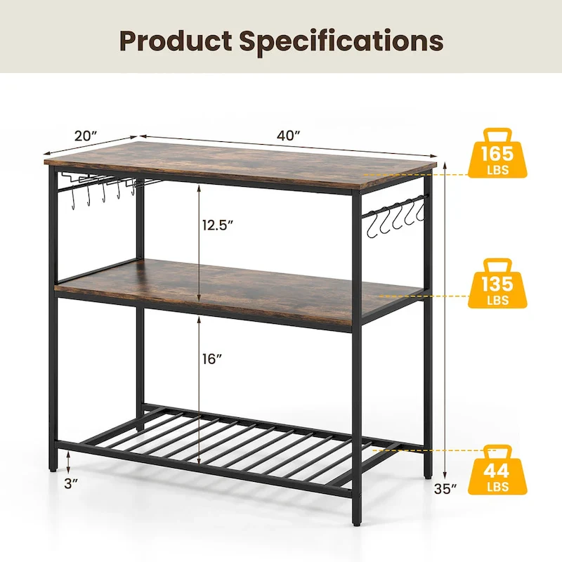Gymax Kitchen Island 3-Tier Prep Table with Wine Glass Holders Large
