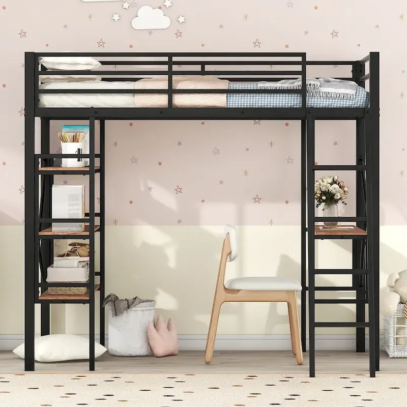 Twin Size Metal Loft Bed with Shelves and Desk