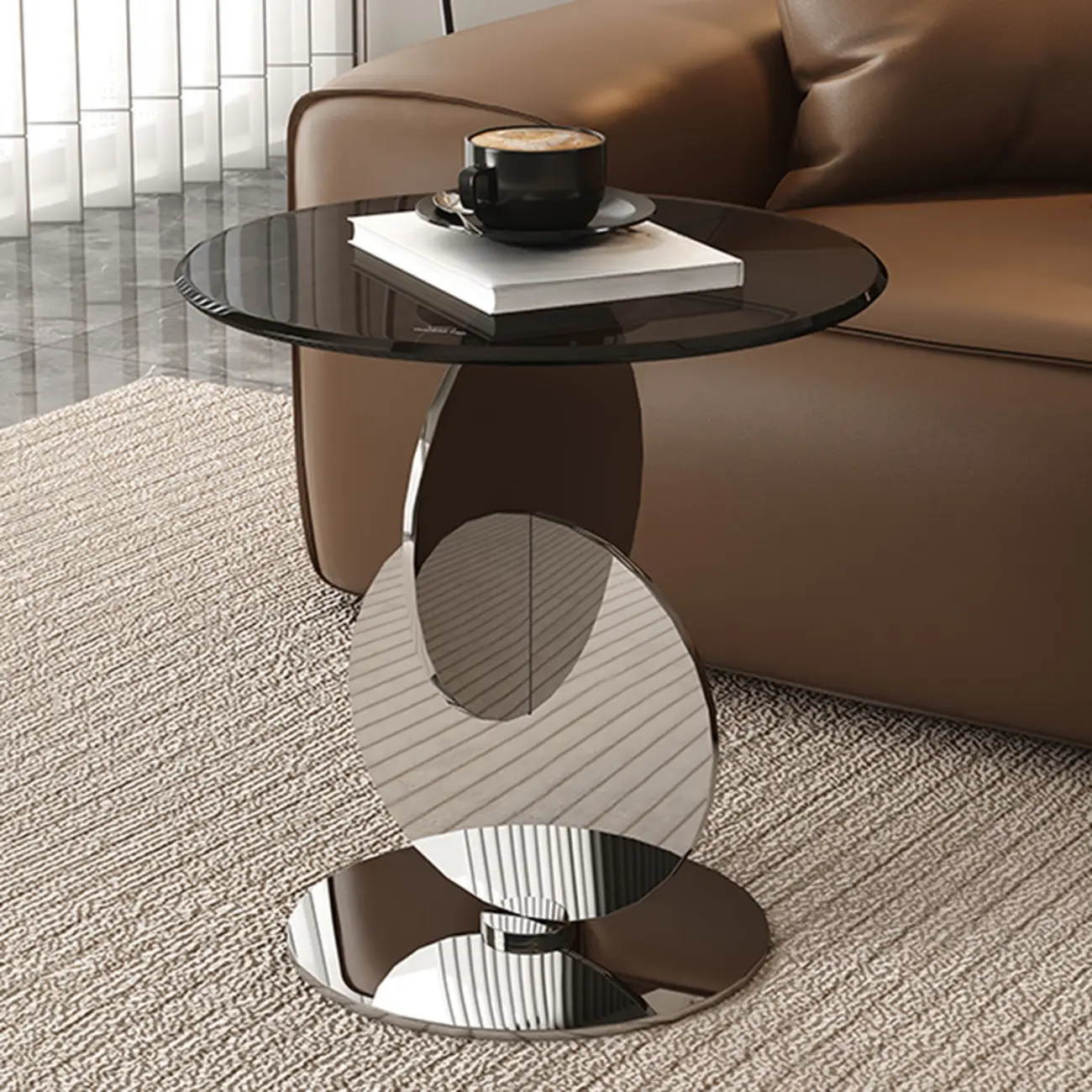 Modern Round Glass Top Stainless Pedestal Side Table