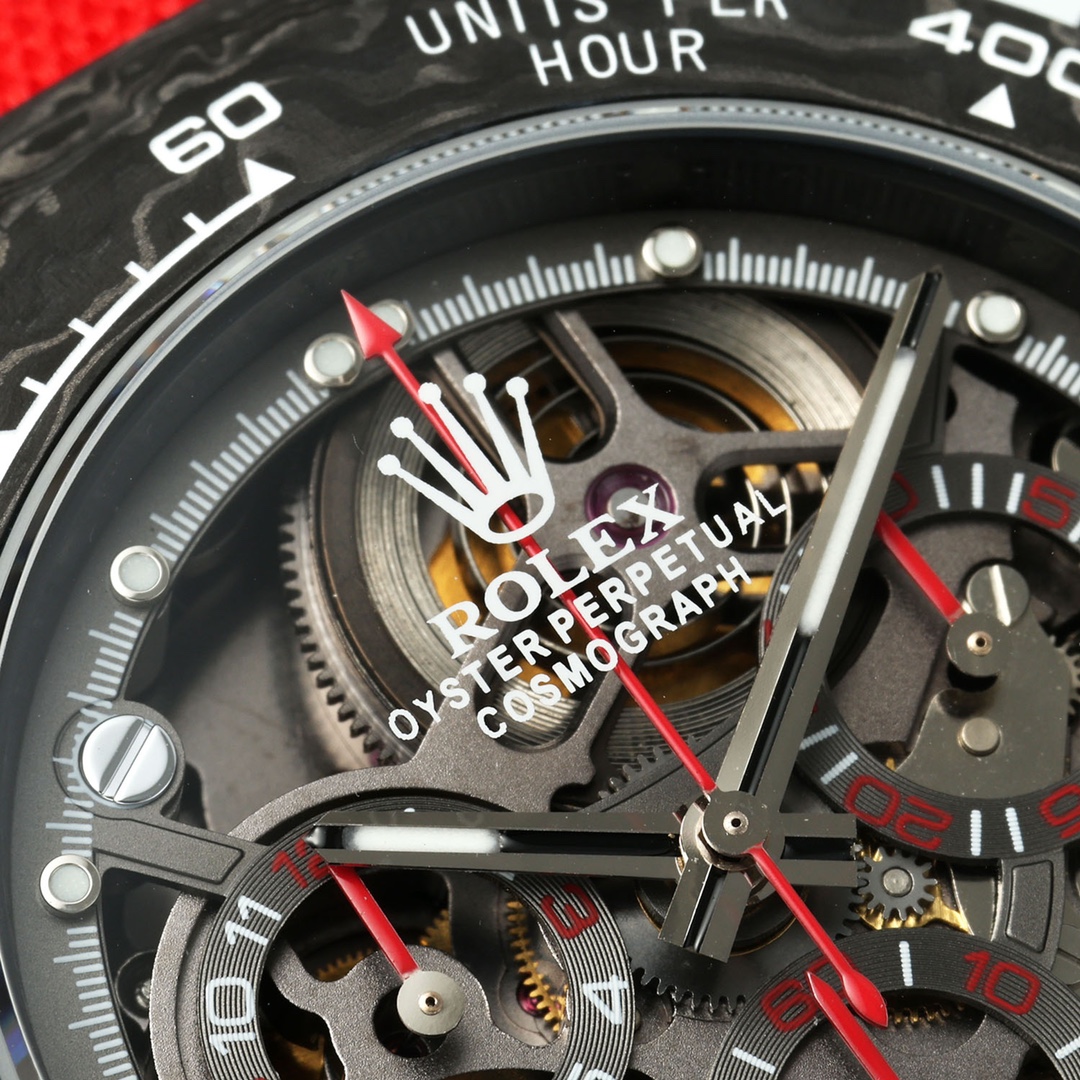 Close-up macro photograph of the skeletonized dial and internal 4130 clone movement with red chronograph hands on the high quality Rolex replica