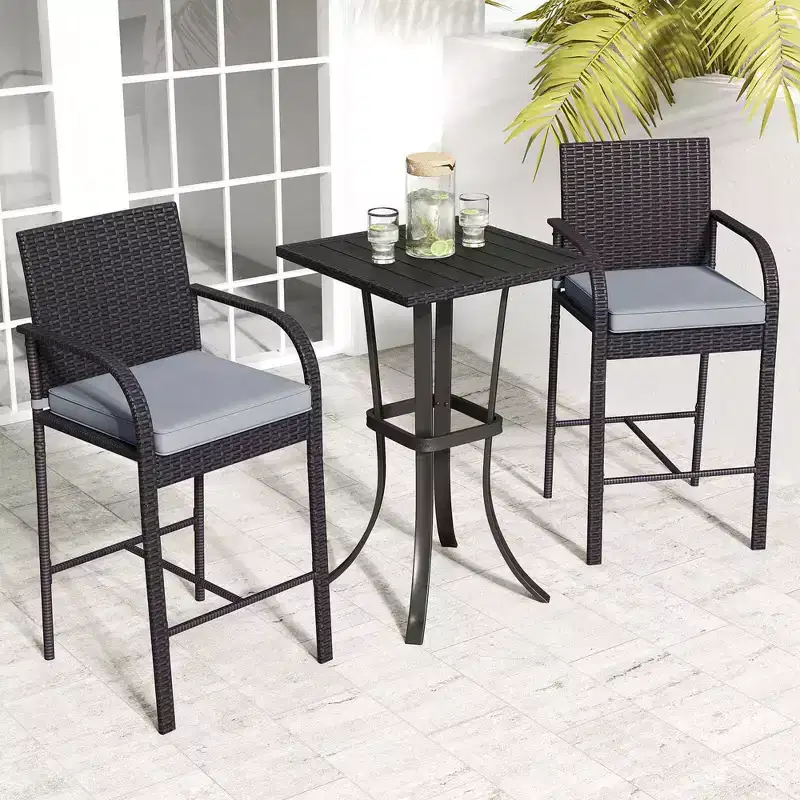 Costway 3 PCS Patio Wicker Bar Set Rattan Chairs & Square Table with Heavy-Duty Metal Frame