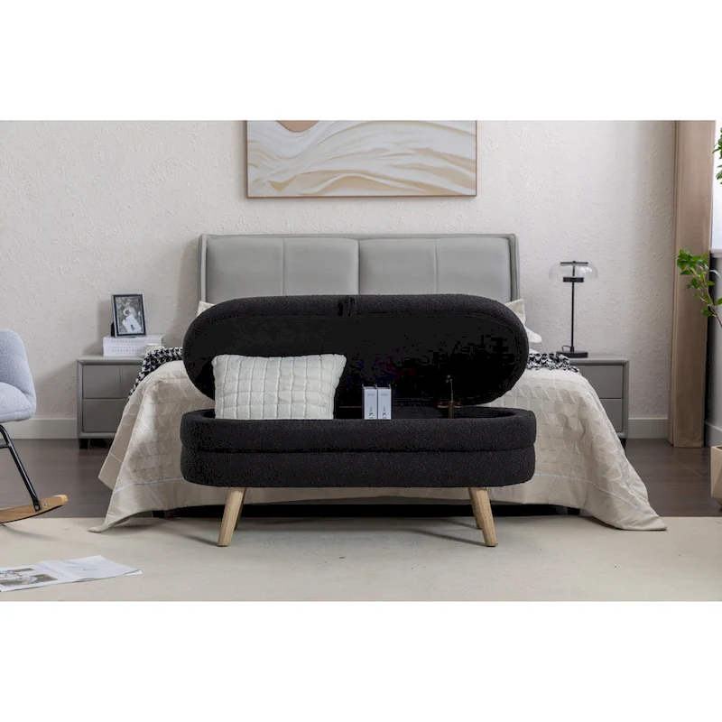 Storage Ottoman Bench with Wood Legs,Oval End of Bed Bench Indoor Ottoman W/Adjustable Foot Nails for Living Room