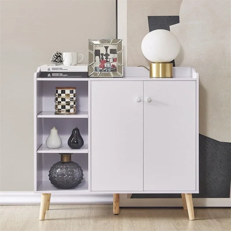 White/Blue Storage Sideboard with Door & Shelves, 1-Person Assembly