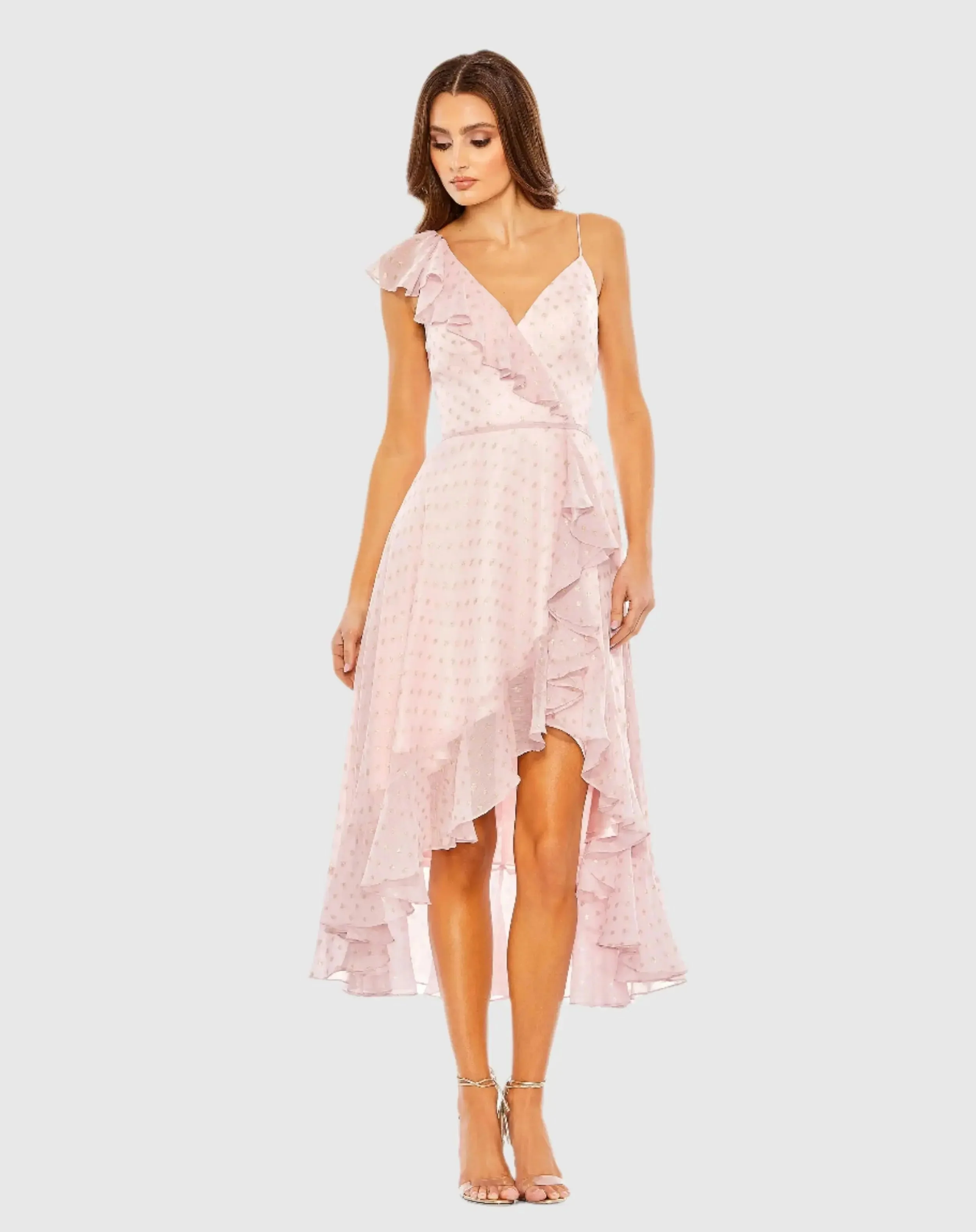 Ruffled Faux Wrap Polka Dot Midi Dress