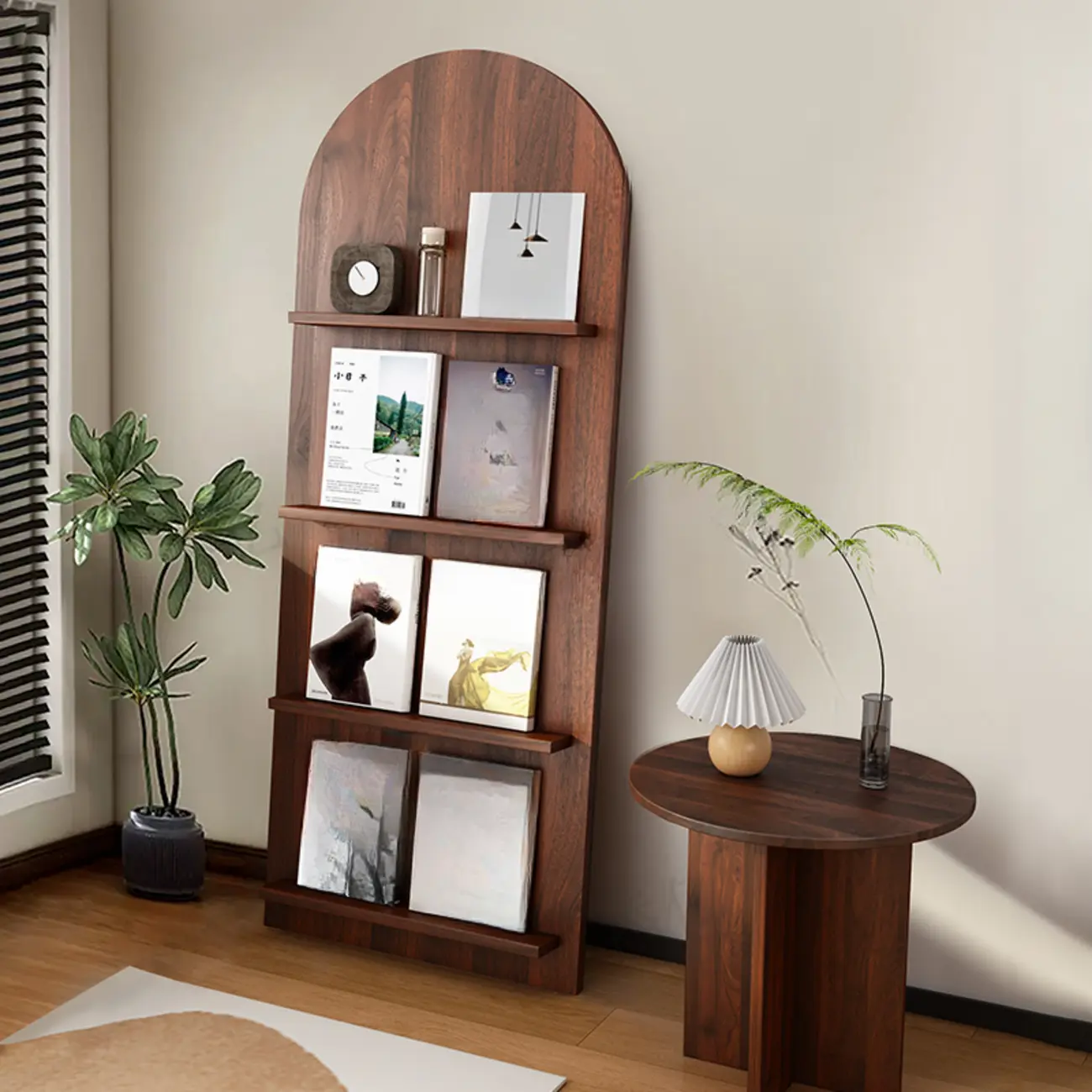 Shallow Simple 3-Shelf Ached Wood Bookcase with Closed Back