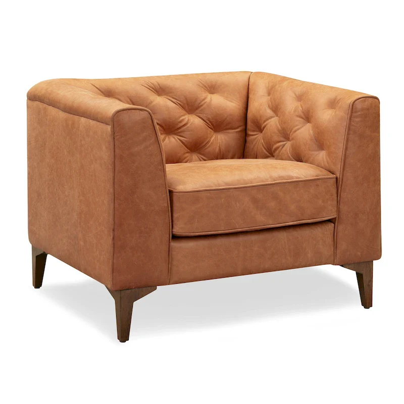 Full Grain Genuine Italian Leather Lounge Chair - Mid-Century Modern Style