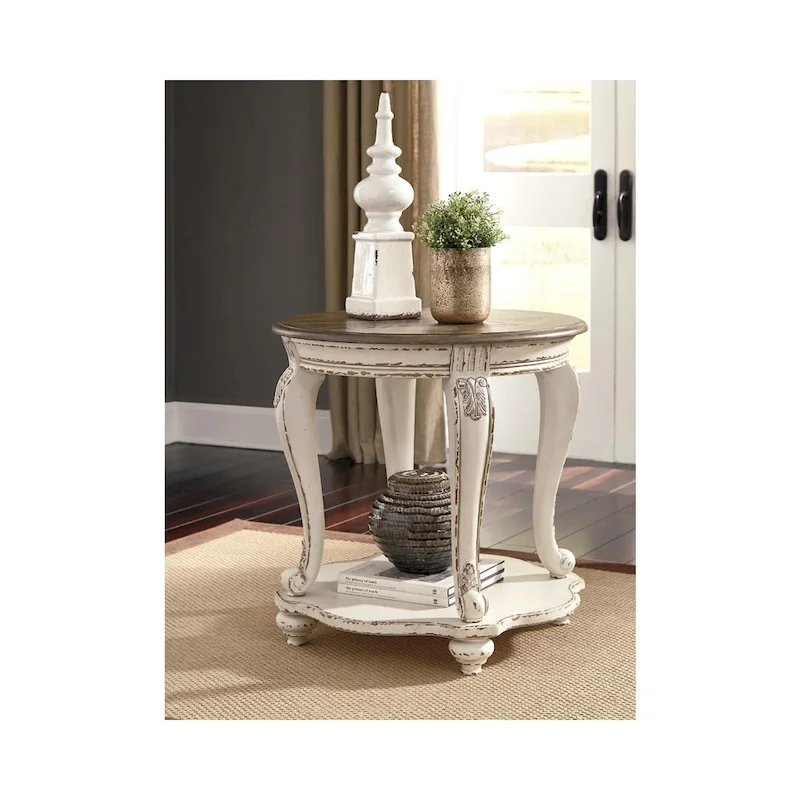 Round End Table White Brown Two-Tone Cottage Style 26W x 26D x 25.88H with Shelf