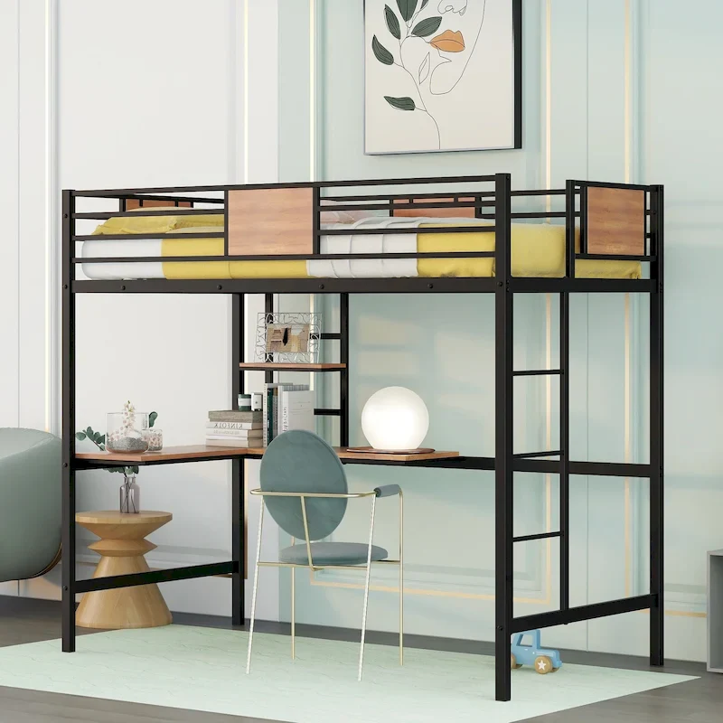 Black Twin Size Metal Loft Bed with Desk and Shelves for Kids