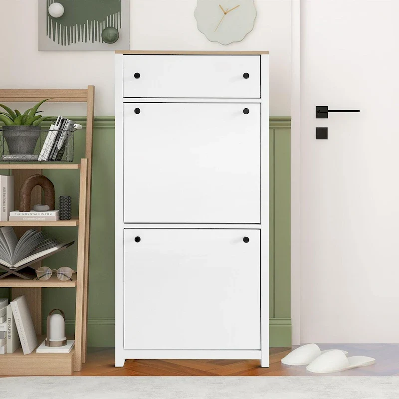 White / Black Minimalist Wooden Shoe Cabinet – Holds 8–12 Pairs