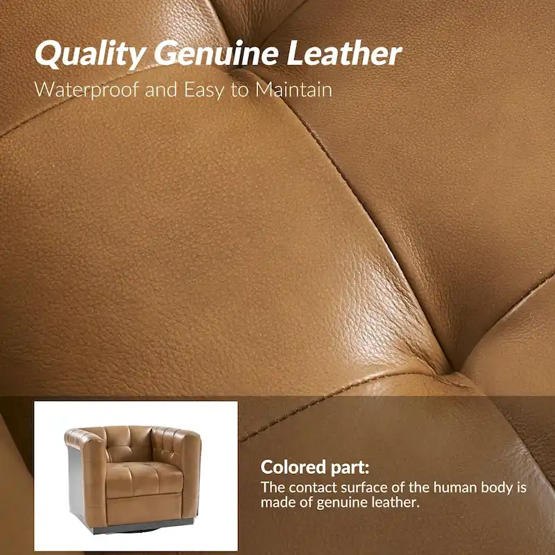 JeremiasMid-certury Modern GenuineLeatherTufted SwivelClubChair with Wooden Apron by HULALA HOME