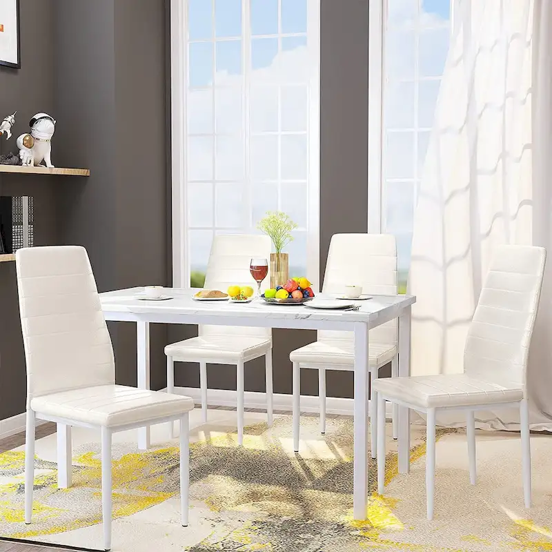 Modern 5-Piece Kitchen Dining Set, Counter Height Dinette Set with Marble Look Top and 4 Upholstered PU Leather Chairs