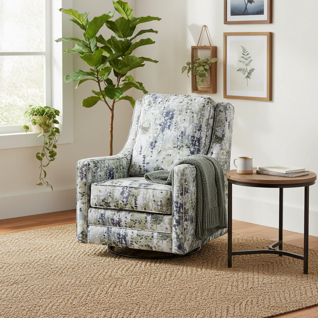 Gray / Green Floral Pattern Swivel Glider Accent Chair – Single