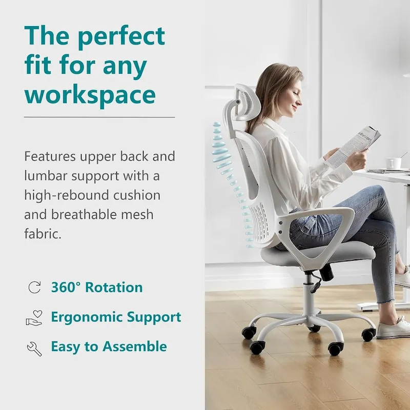 Ergonomic Office Chair, Comfy Computer Desk Chair Mesh High Back with Fixed Arms and Adjustable Headrest, Swivel RollingChair