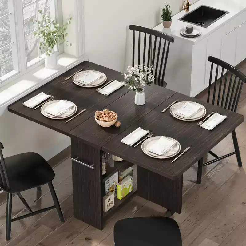 Folding Dining Table, Space Saving Farmhouse Dining Table for 4 Storage Shelf, 6 Wheels Multipose Expandable Kitchen Drop Leaf Table for Small Space