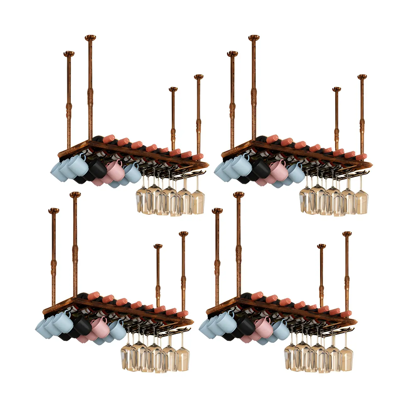 Industrial Metal Hanging Wine Rack with Glass Holder