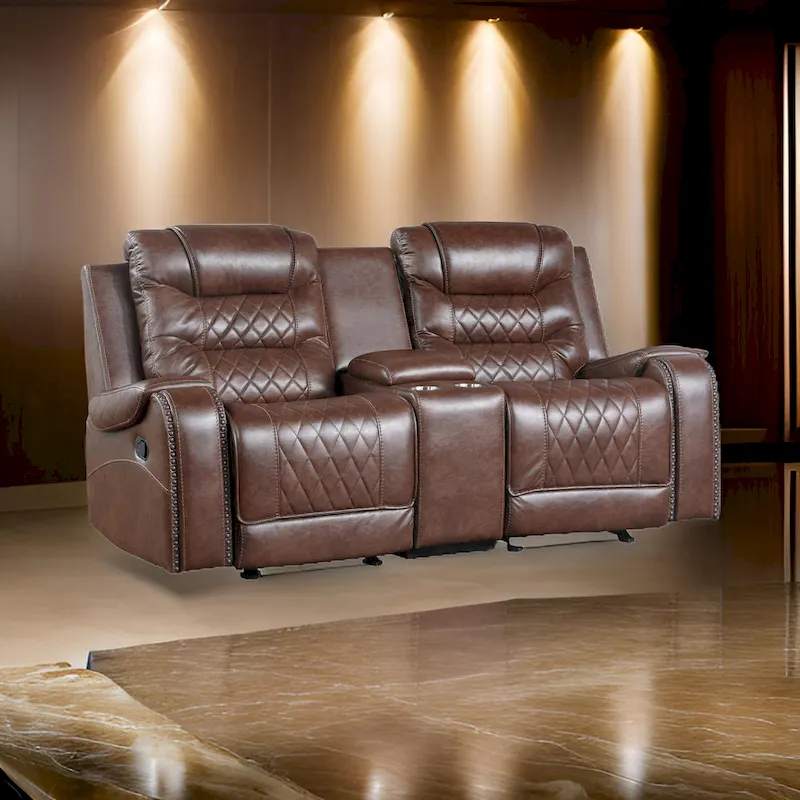 78 Inch Manual Recliner Loveseat, Cupholder Console Brown Faux Leather