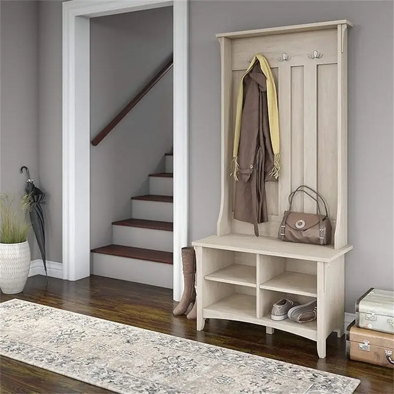 Cape Cod Gray / Antique White / Vintage Black Mission-Style Hall Tree with Shoe Bench – 4-Person Entryway