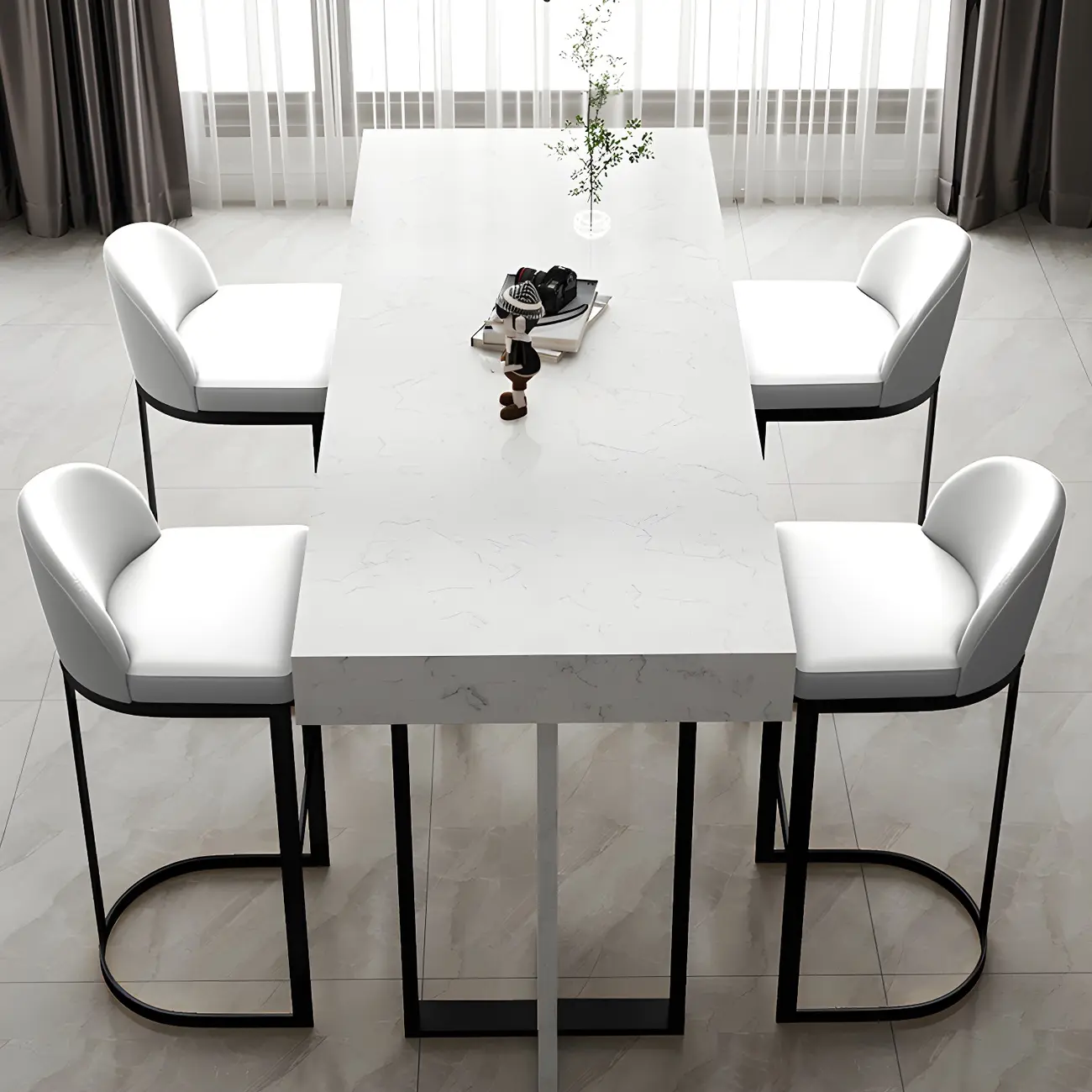 Rectangle White Marble Top Iron Base Dining Bar Table
