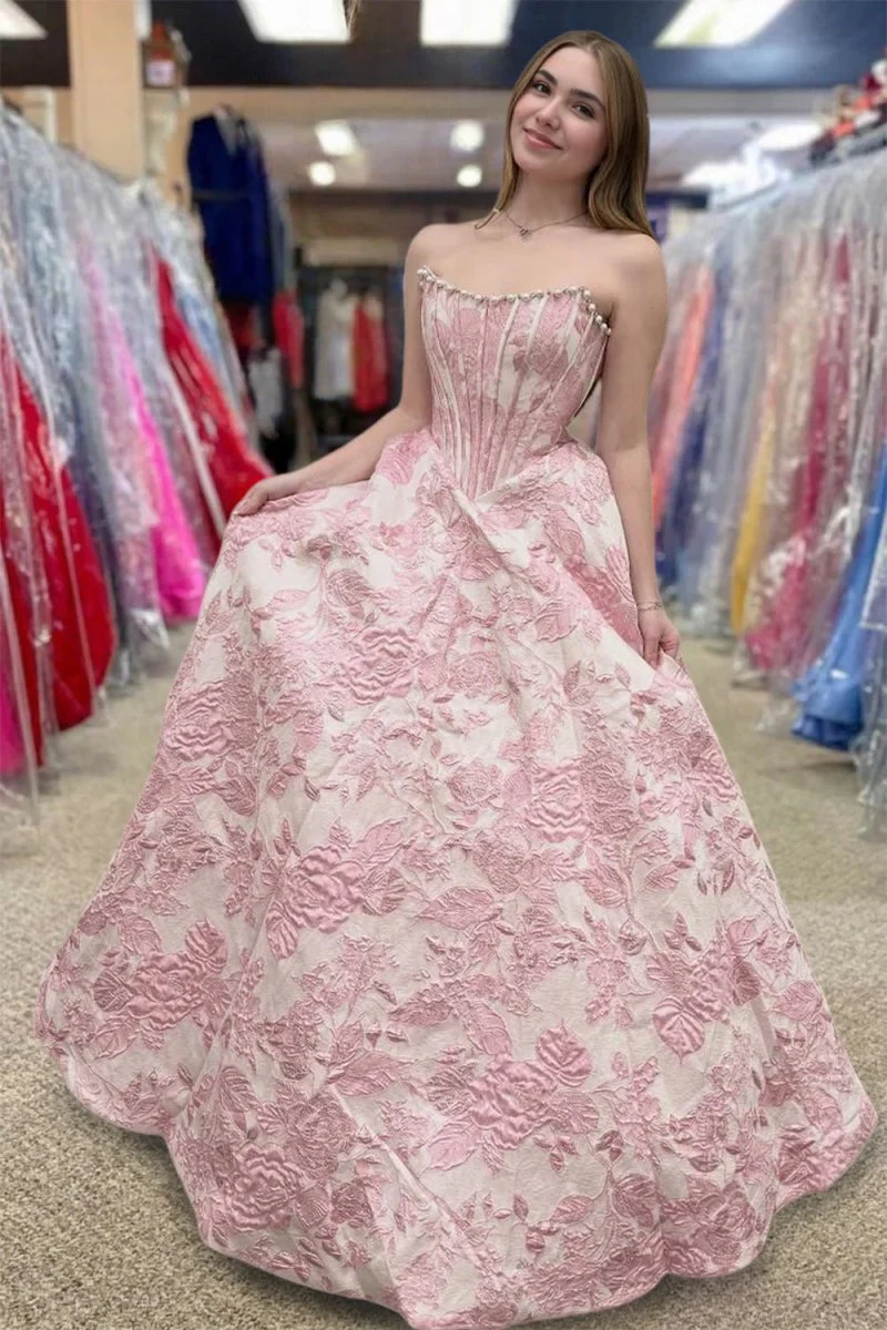 Pink - A Line Strapless Jacquard Long Prom Dresses